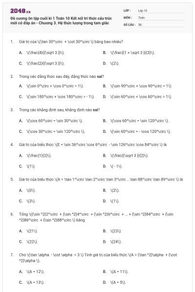 Đề cương ôn tập cuối kì 1 Toán 10 Kết nối tri thức cấu trúc mới có đáp án - Chương 3. Hệ thức lượng trong tam giác