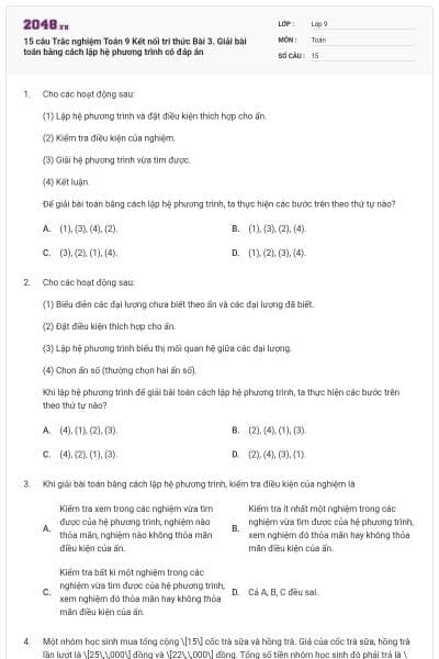 15 câu Trắc nghiệm Toán 9 Kết nối tri thức Bài 3. Giải bài toán bằng cách lập hệ phương trình có đáp án