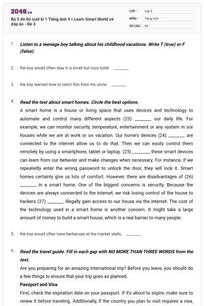 Bộ 5 đề thi cuối kì 1 Tiếng Anh 9  i-Learn Smart World có đáp án - Đề 3