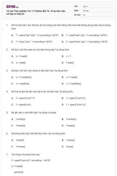10 câu Trắc nghiệm Tin 11 Python Bài 16. Ví dụ làm việc với tệp có đáp án