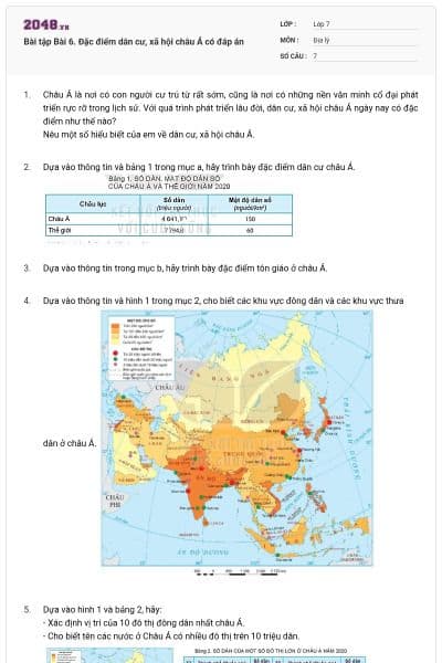 Bài tập Bài 6. Đặc điểm dân cư, xã hội châu Á có đáp án
