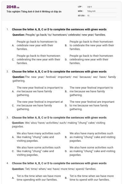 Trắc nghiệm Tiếng Anh 6 Unit 6 Writing có đáp án