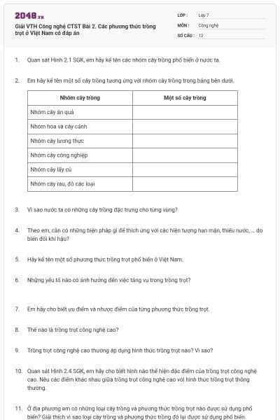 Giải VTH Công nghệ CTST Bài 2. Các phương thức trồng trọt ở Việt Nam có đáp án