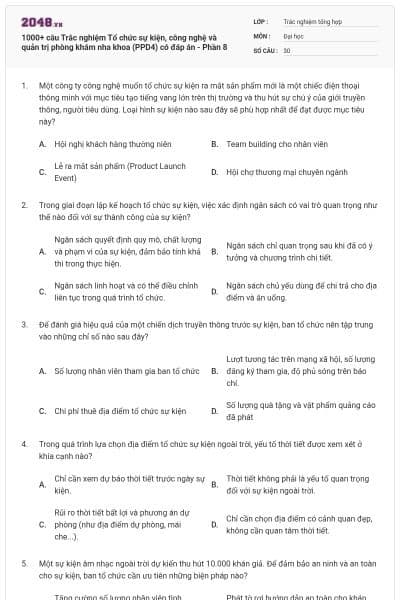1000+ câu Trắc nghiệm Tổ chức sự kiện, công nghệ và quản trị phòng khám nha khoa (PPD4) có đáp án - Phần 8