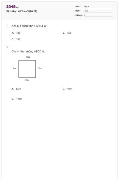 Đề thi học kì I Toán 3 (Đề 11)