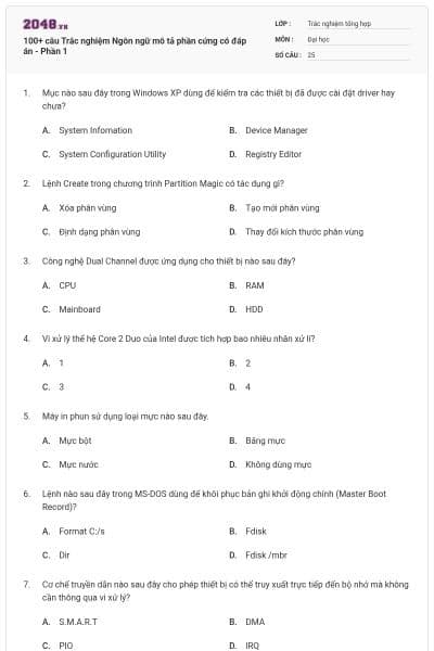 100+ câu Trắc nghiệm Ngôn ngữ mô tả phần cứng có đáp án - Phần 1