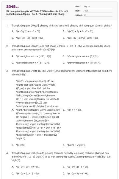 Đề cương ôn tập giữa kì 2 Toán 12 Cánh diều cấu trúc mới (có tự luận) có đáp án - Bài 1. Phương trình mặt phẳng