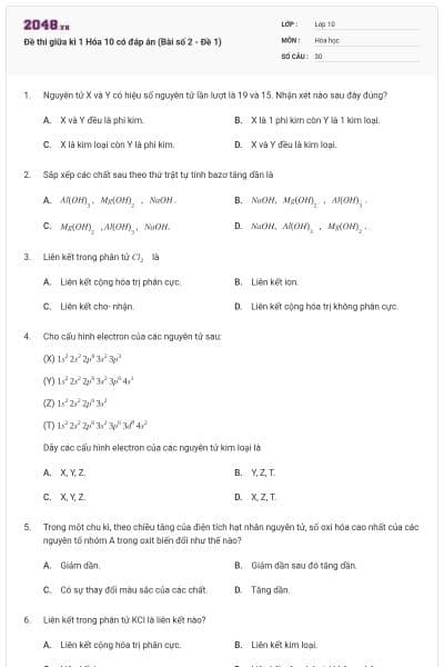 Đề thi giữa kì 1 Hóa 10 có đáp án (Bài số 2 - Đề 1)