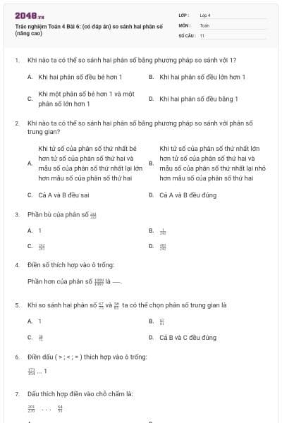Trắc nghiệm Toán 4 Bài 6: (có đáp án) so sánh hai phân số (nâng cao)