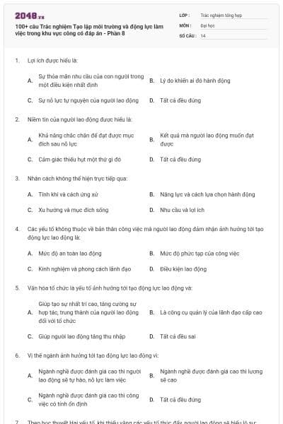 100+ câu Trắc nghiệm Tạo lập môi trường và động lực làm việc trong khu vực công có đáp án - Phần 8