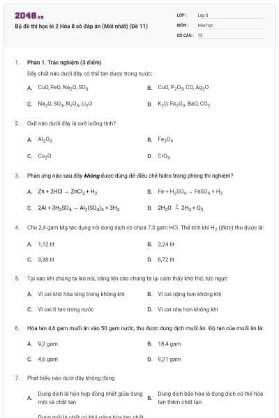 Bộ đề thi học kì 2 Hóa 8 có đáp án (Mới nhất) (Đề 11)