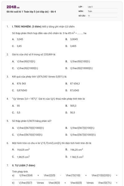 Đề thi cuối kì 1 Toán lớp 5 (có đáp án) - Đề 4