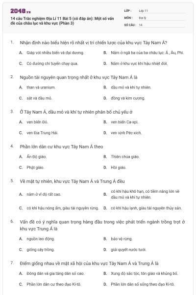 14 câu  Trắc nghiệm Địa Lí 11 Bài 5 (có đáp án): Một số vấn đề của châu lục và khu vực (Phần 3)
