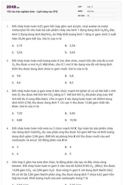 150 câu trắc nghiệm Este - Lipit nâng cao (P4)