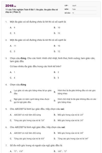 11 câu Trắc nghiệm Toán 8 Bài 1: Đa giác. Đa giác đều có đáp án ( Phần 2)