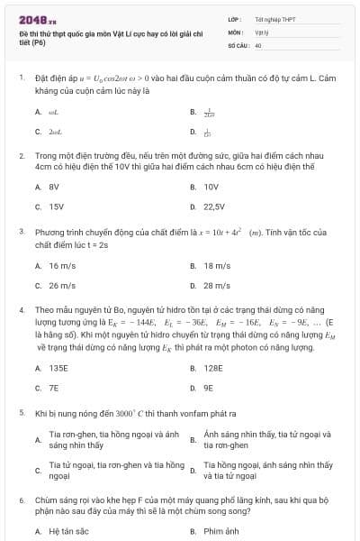 Đề thi thử thpt quốc gia môn Vật Lí cực hay có lời giải chi tiết (P6)