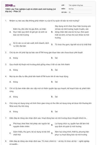 1000+ câu Trắc nghiệm Luật và chính sách môi trường (có đáp án) - Phần 33