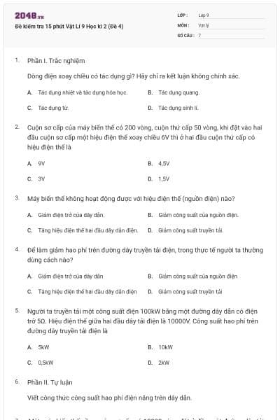 Đề kiểm tra 15 phút Vật Lí 9 Học kì 2 (Đề 4)