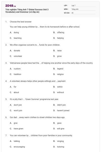 Trắc nghiệm Tiếng Anh 7 Global Success Unit 3 Vocabulary and Grammar (có đáp án)