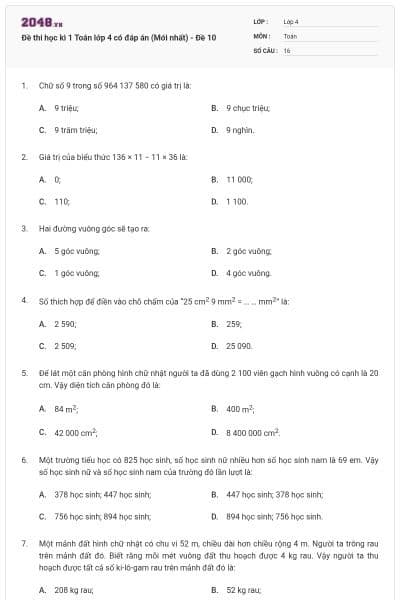 Đề thi học kì 1 Toán lớp 4 có đáp án  (Mới nhất) - Đề 10
