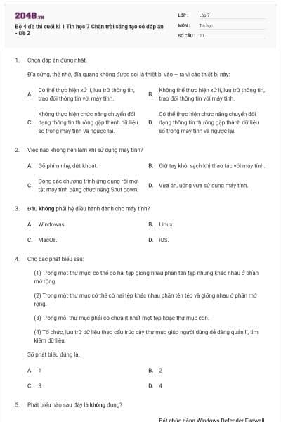 Bộ 4 đề thi cuối kì 1 Tin học 7 Chân trời sáng tạo có đáp án - Đề 2