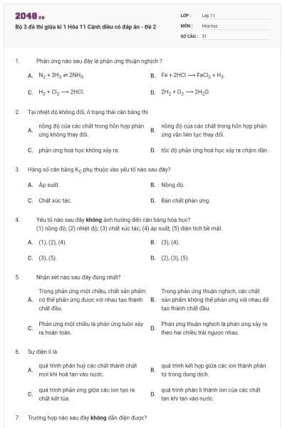 Bộ 3 đề thi giữa kì 1 Hóa 11 Cánh diều có đáp án - Đề 2