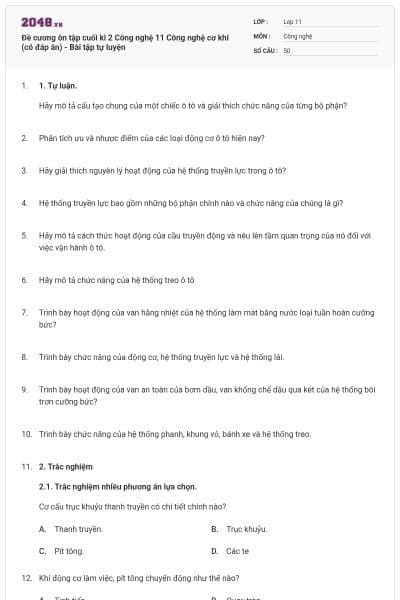 Đề cương ôn tập cuối kì 2 Công nghệ 11 Công nghệ cơ khí (có đáp án) - Bài tập tự luyện