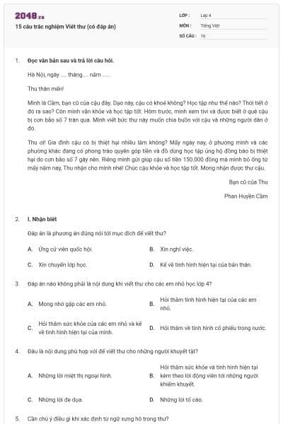 15 câu trắc nghiệm Viết thư (có đáp án)