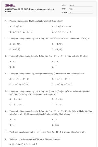 Giải SBT Toán 10 CD Bài 5: Phương trình đường tròn có đáp án