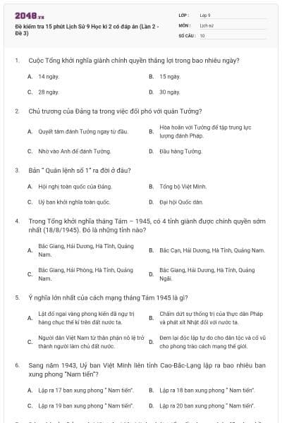 Đề kiểm tra 15 phút Lịch Sử 9 Học kì 2 có đáp án (Lần 2 - Đề 3)