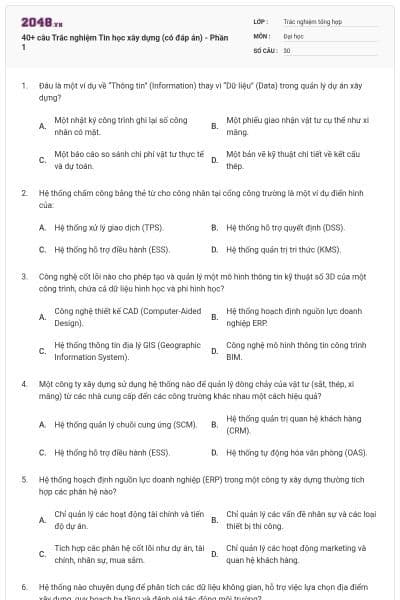 40+ câu Trắc nghiệm Tin học xây dựng (có đáp án) - Phần 1