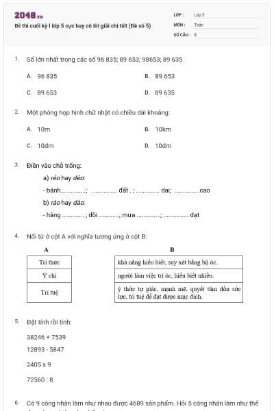 Đề thi cuối kỳ I lớp 5 cực hay có lời giải chi tiết (Đề số 5)