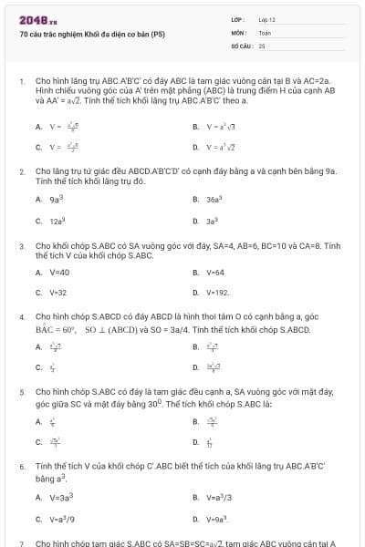 70 câu trắc nghiệm Khối đa diện cơ bản (P5)