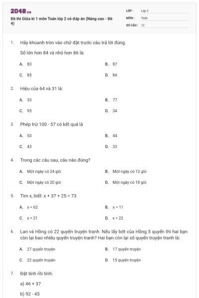 Đề thi Giữa kì 1 môn Toán lớp 2 có đáp án (Nâng cao - Đề 4)