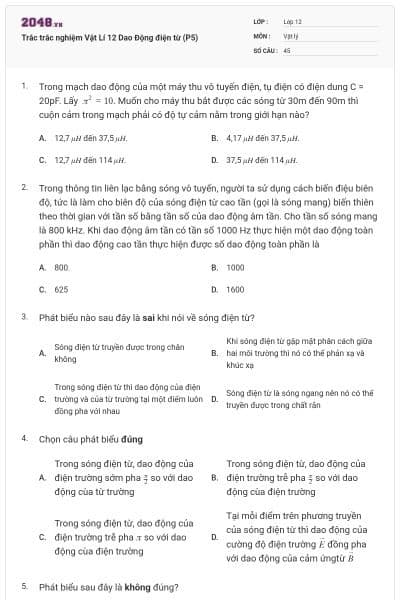 Trắc trắc nghiệm Vật Lí 12 Dao Động điện từ (P5)
