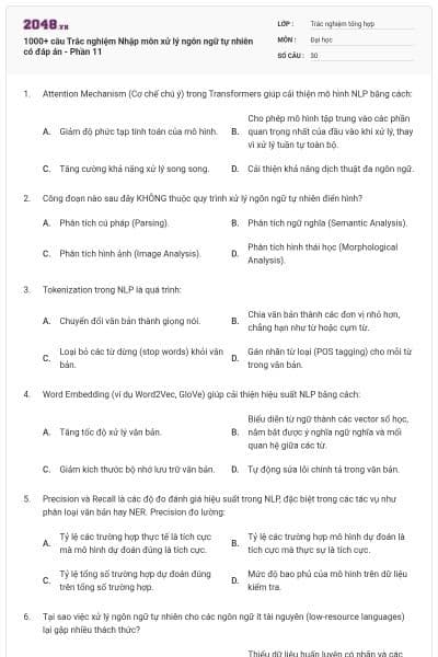 1000+ câu Trắc nghiệm Nhập môn xử lý ngôn ngữ tự nhiên có đáp án - Phần 11