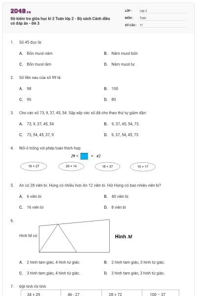 Đề kiểm tra giữa học kì 2 Toán lớp 2 - Bộ sách Cánh diều có đáp án - Đề 3