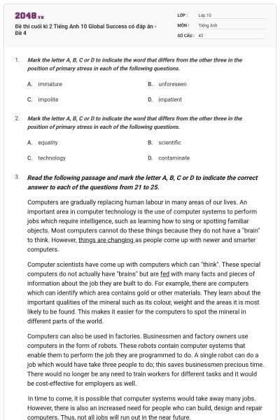 Đề thi cuối kì 2 Tiếng Anh 10 Global Success có đáp án - Đề 4