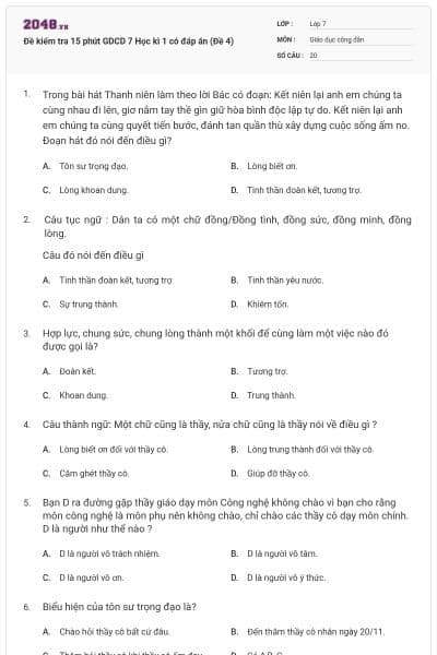 Đề kiểm tra 15 phút GDCD 7 Học kì 1 có đáp án (Đề 4)