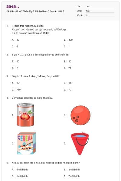 Đề thi cuối kì 2 Toán lớp 2 Cánh diều có đáp án - Đề 3