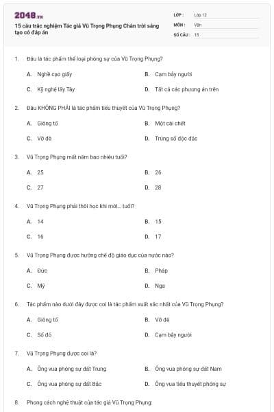 15 câu trắc nghiệm Tác giả Vũ Trọng Phụng Chân trời sáng tạo có đáp án
