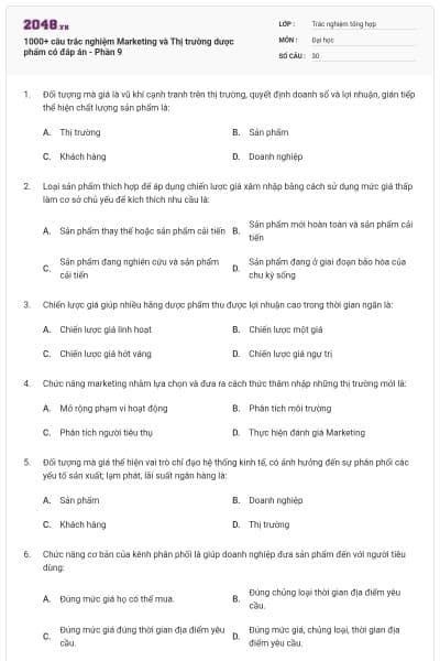 1000+ câu trắc nghiệm Marketing và Thị trường dược phẩm có đáp án - Phần 9