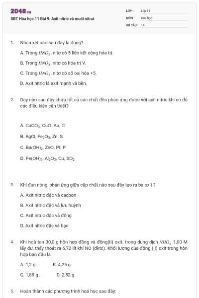 SBT Hóa học 11 Bài 9: Axit nitric và muối nitrat
