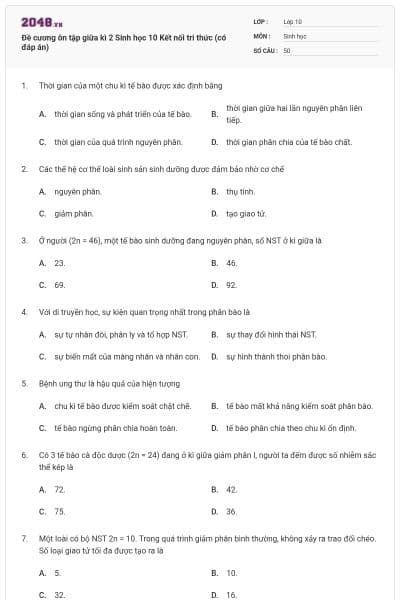 Đề cương ôn tập giữa kì 2 Sinh học 10 Kết nối tri thức (có đáp án)