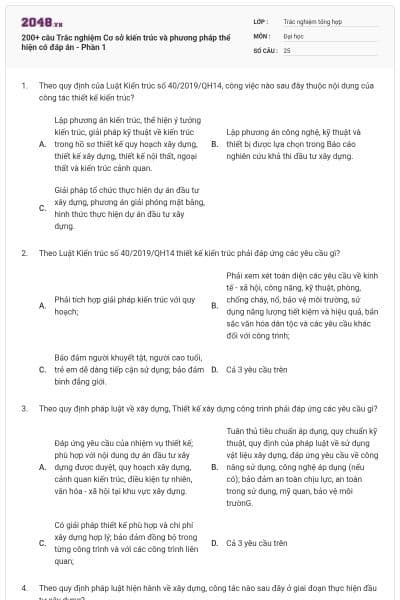 200+ câu Trắc nghiệm Cơ sở kiến trúc và phương pháp thể hiện có đáp án - Phần 1