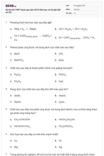 Đề thi thử THPT Quốc gia năm 2019 Hóa học có lời giải (Đề số 24)