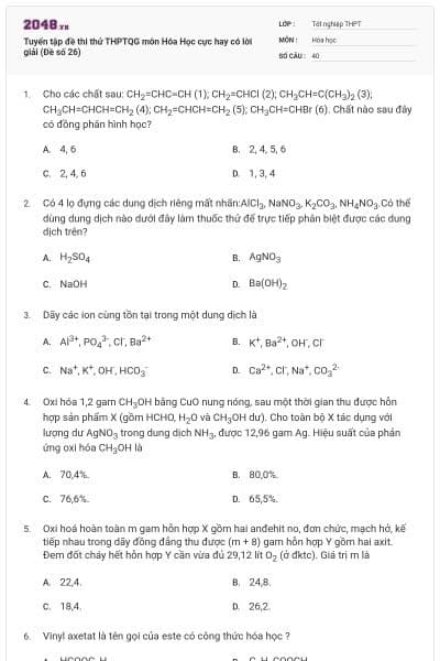 Tuyển tập đề thi thử THPTQG môn Hóa Học cực hay có lời giải (Đề số 26)