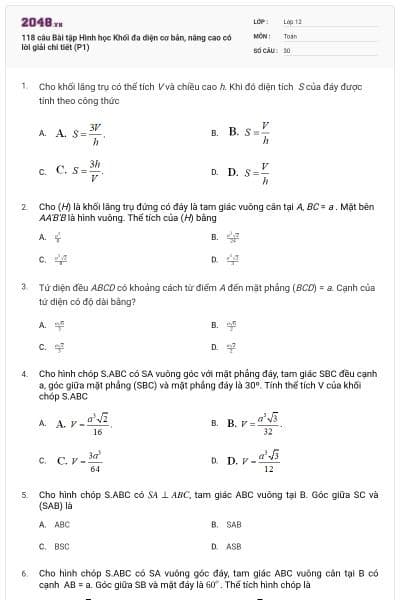 118 câu Bài tập Hình học Khối đa diện cơ bản, nâng cao có lời giải chi tiết (P1)