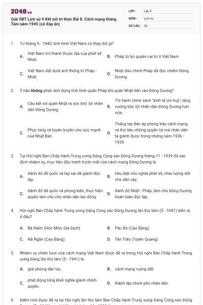 Giải SBT Lịch sử 9 Kết nối tri thức Bài 8. Cách mạng tháng Tám năm 1945 (có đáp án)