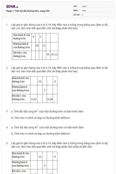 Dạng 1: Tính độ dài đường tròn, cung tròn
